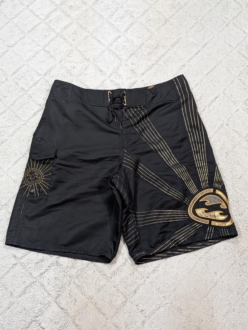 Vtg Billabong Andy Irons Shorts Mens 36 Black Gold Samurai Rising Sun Board Y2K